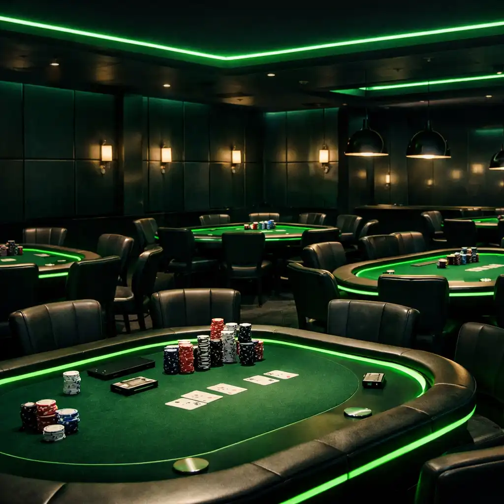 Interior of the Marble & Pearl card lounge with poker tables and neon green lighting