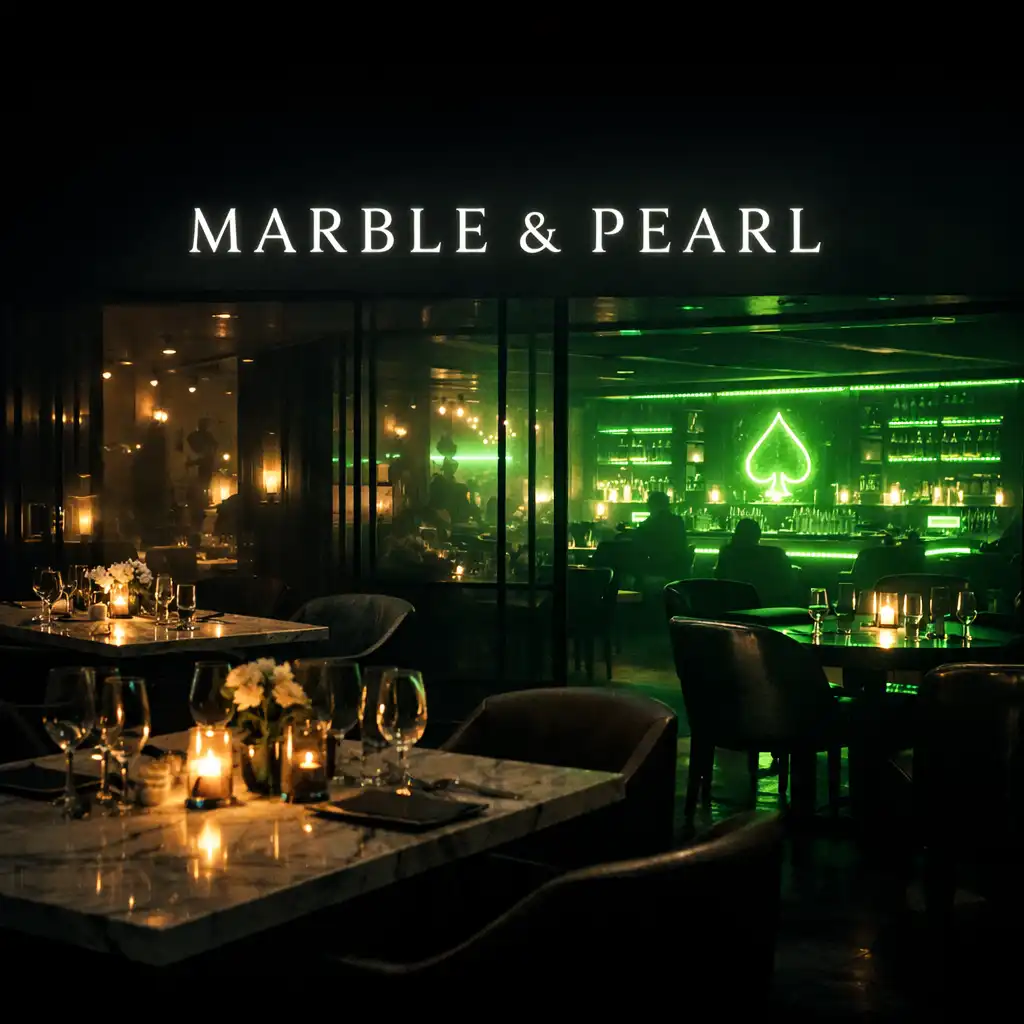 Interior of Marble & Pearl showing the dining room and card lounge with neon green accents
