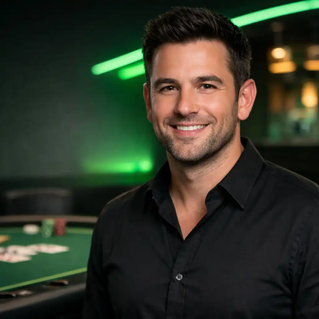 Portrait of James O'Connor, card lounge host, standing near a poker table