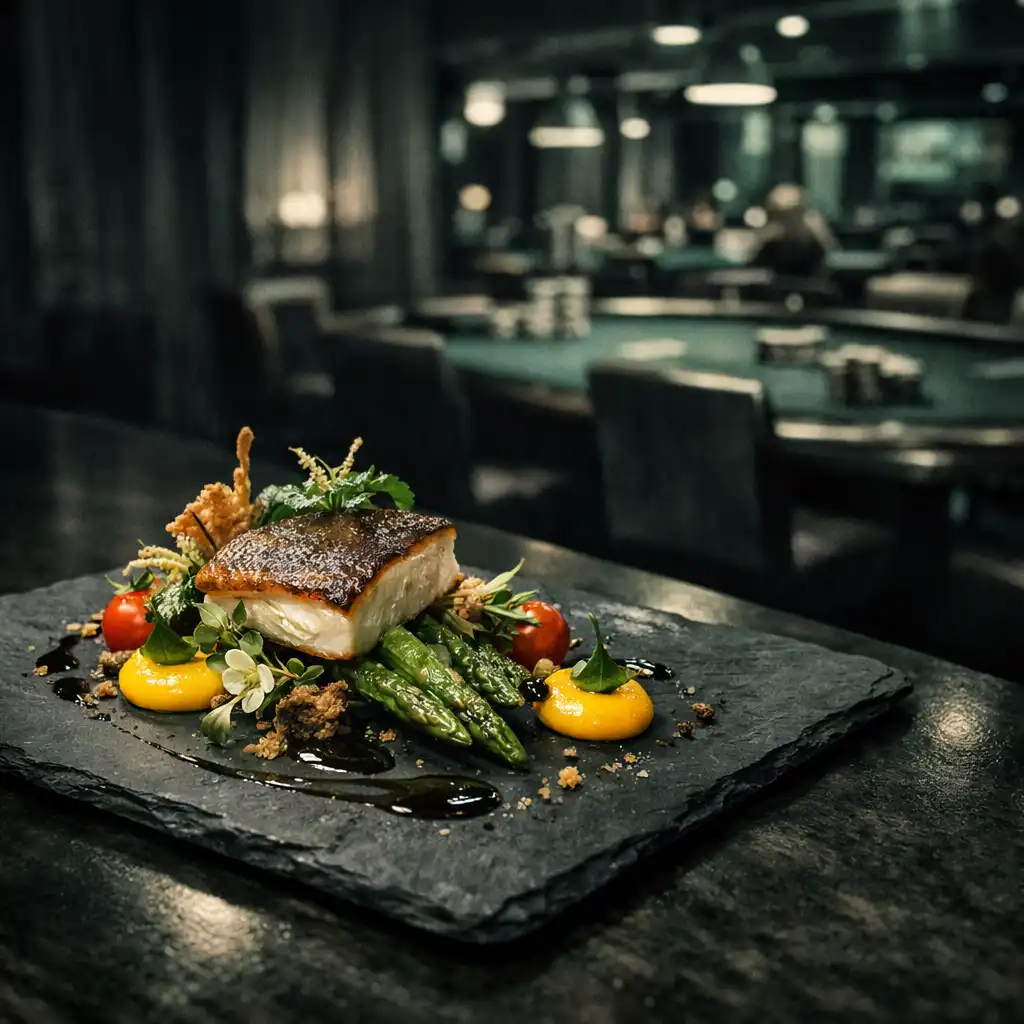 A beautifully plated dish on a dark table with the card lounge blurred in the background