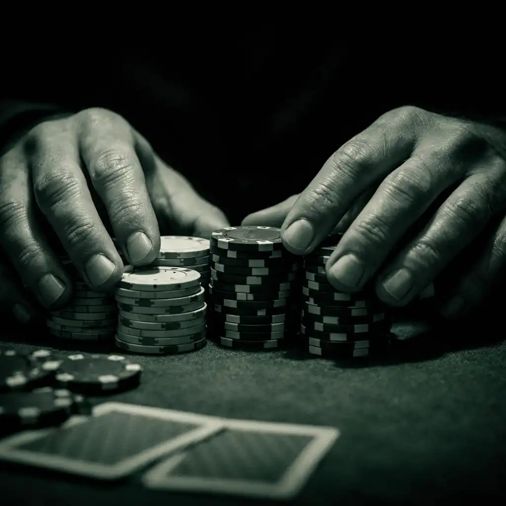 Close-up of a player's hands arranging poker chips on the table