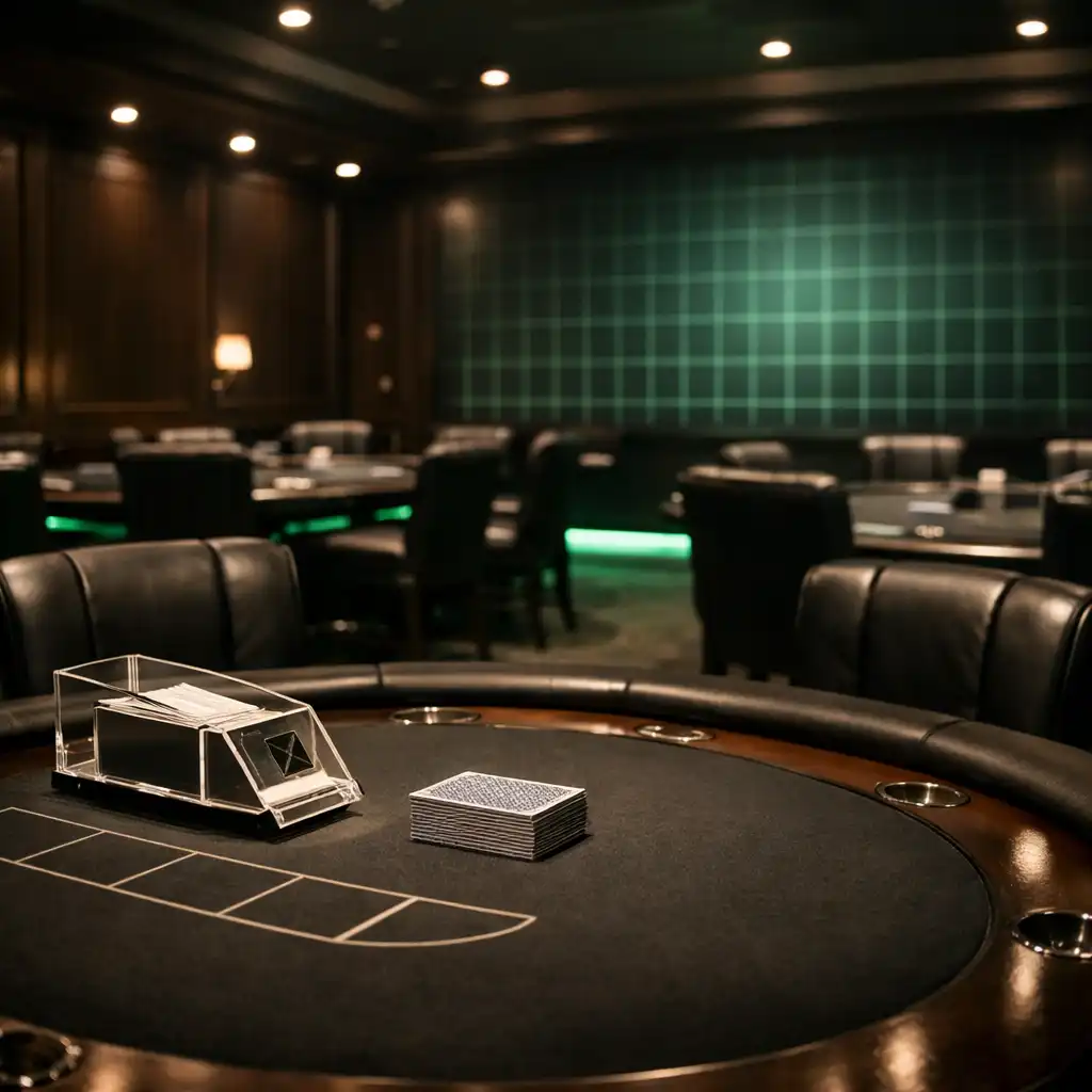 Interior of the Marble & Pearl card lounge with dark wood tables and green accent lighting