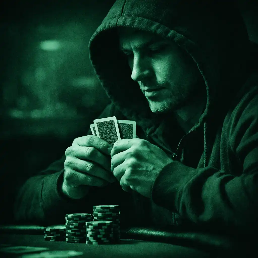A poker player concentrating on their cards in the dimly lit lounge
