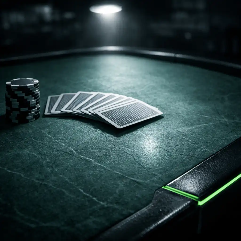 Close-up of a poker table surface with green felt, stacked chips, and a fanned deck of cards