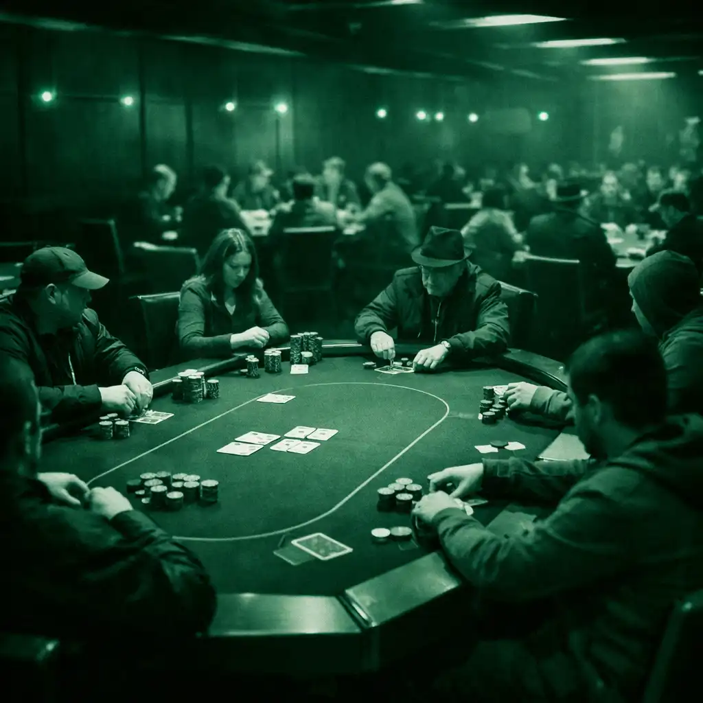 Wide view of poker tables in use inside the Card Lounge, with players engaged in a game