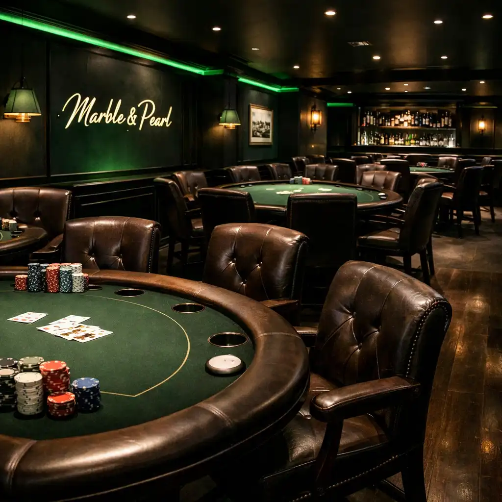 Interior view of the Marble & Pearl card lounge with multiple poker tables and leather chairs