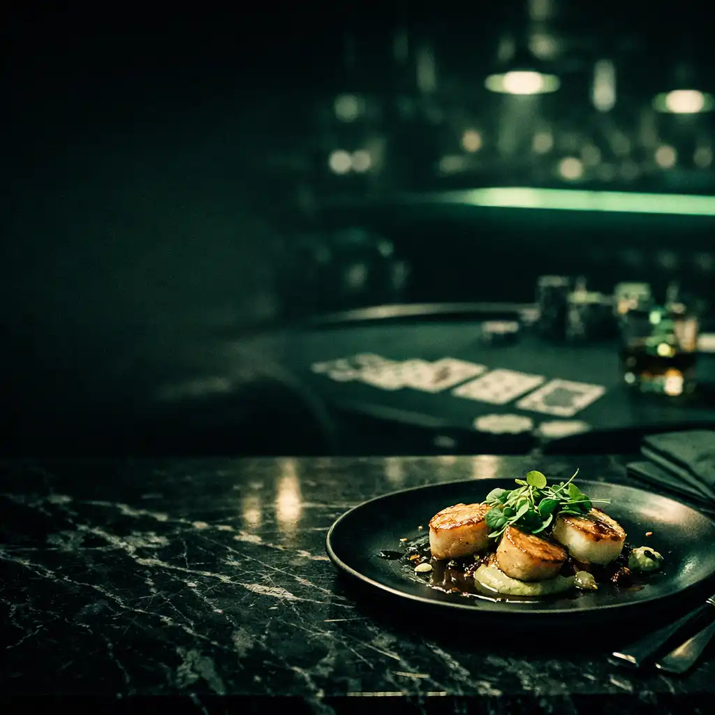 Elegant restaurant interior with dark marble tables, a plated dish, and a subtle poker table in the background