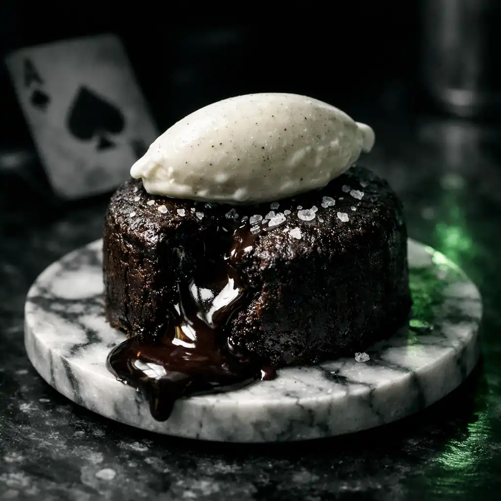 Dark chocolate fondant with smoked salt and vanilla bean ice cream