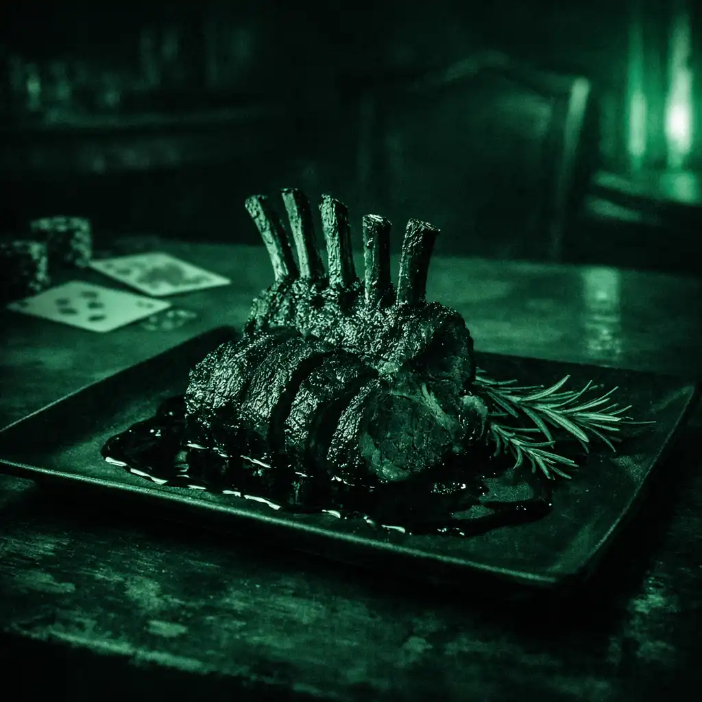 Charred lamb rack with rosemary jus on a black rectangular plate