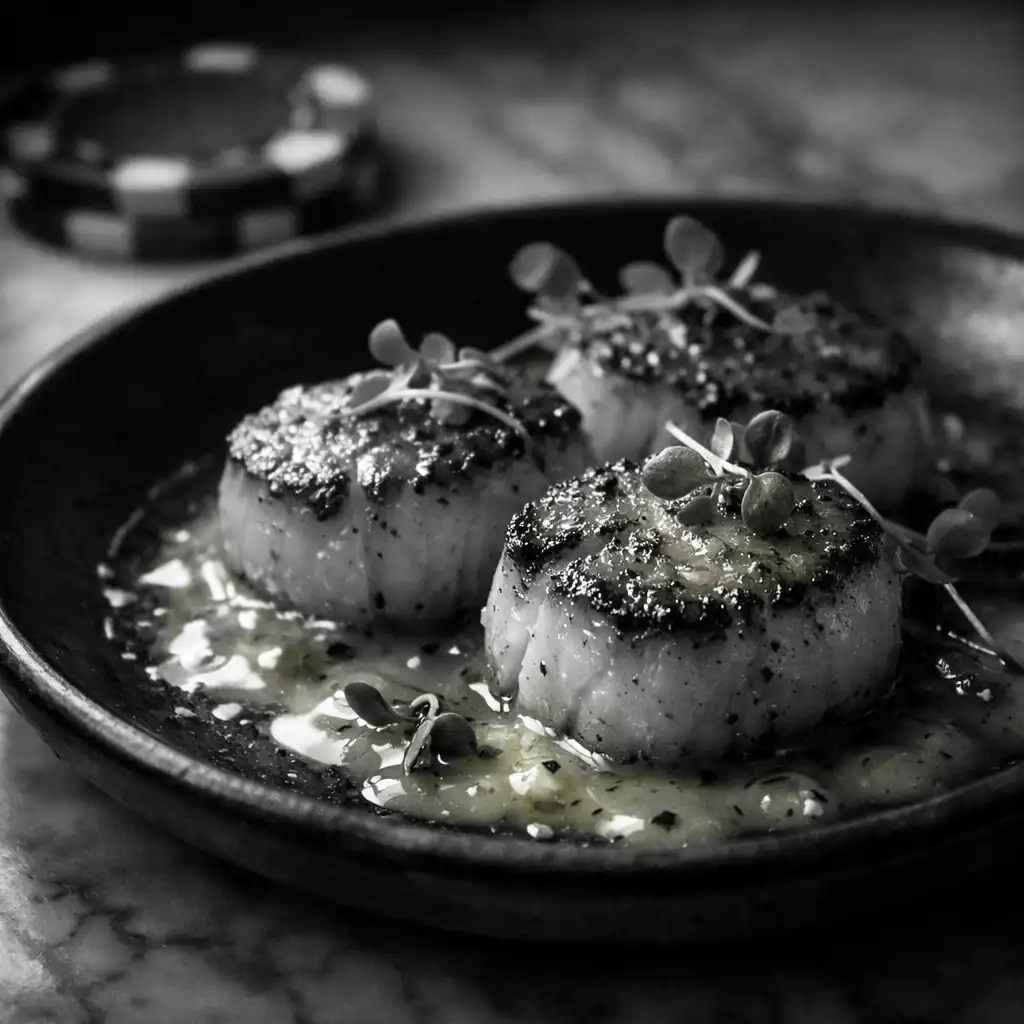 Seared scallops with citrus beurre blanc on a dark ceramic plate