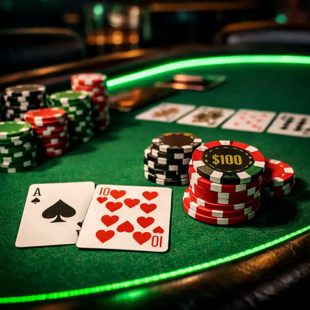 Close-up of a poker table in the card lounge with chips and cards