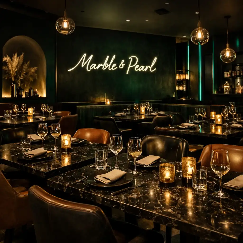Dining room at Marble & Pearl with dark marble tables and moody lighting