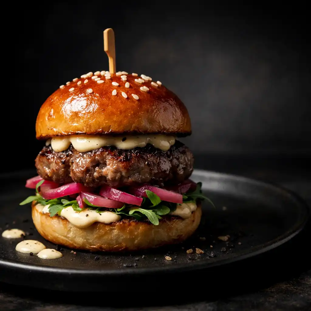 Wagyu slider on a dark plate with truffle aioli and pickled onions