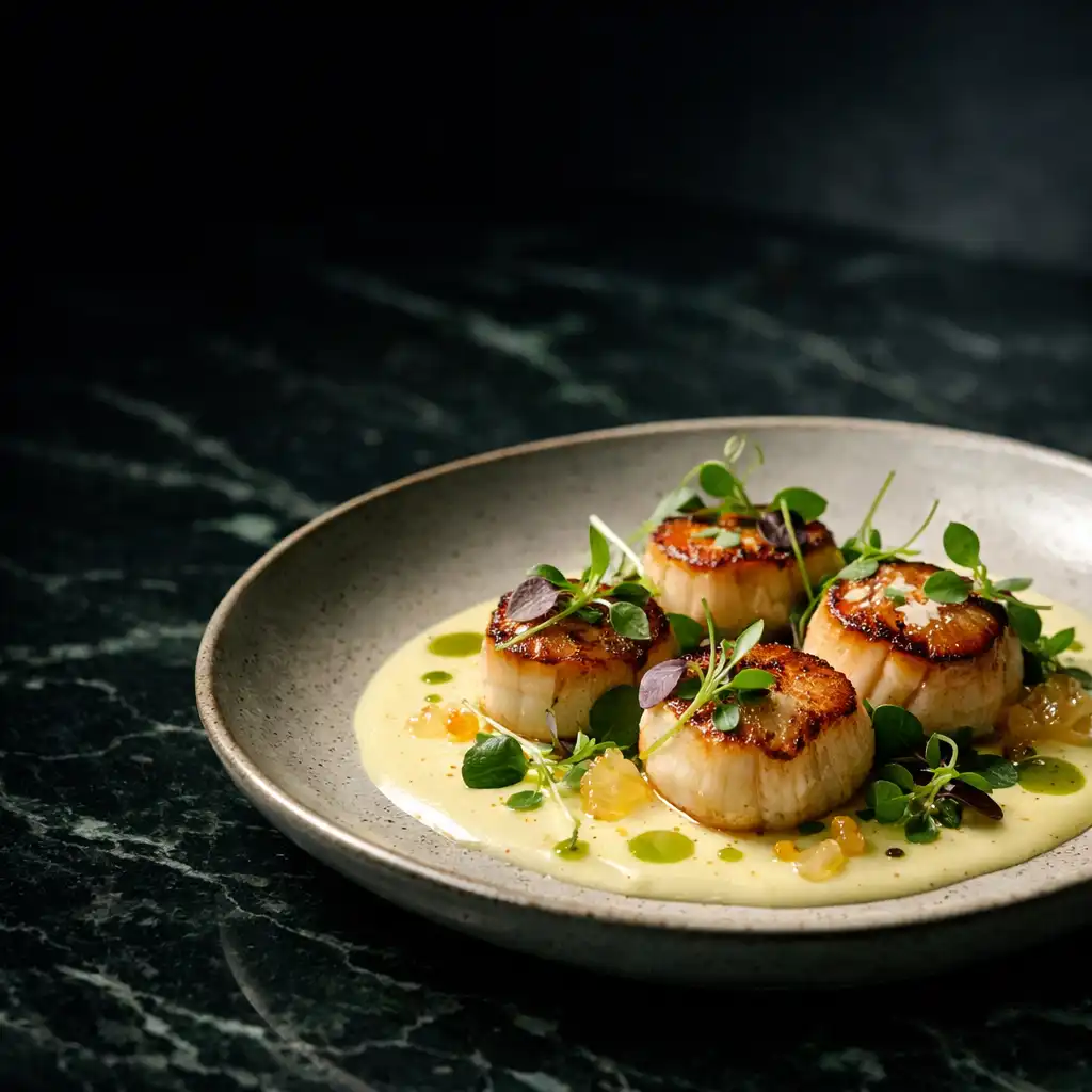 Seared scallop dish on a dark marble table with micro herbs and citrus sauce