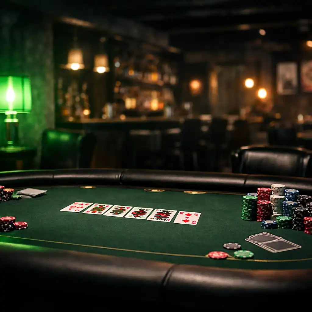 Professional poker table with dark green felt, chips and cards in a moody lounge