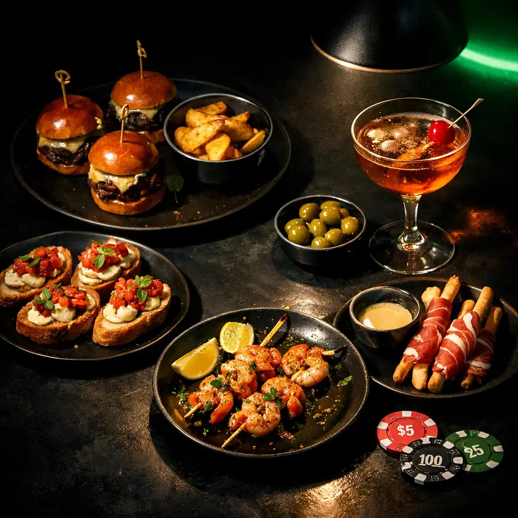 Late-night spread of small plates and a cocktail on a dark table with subtle poker chips