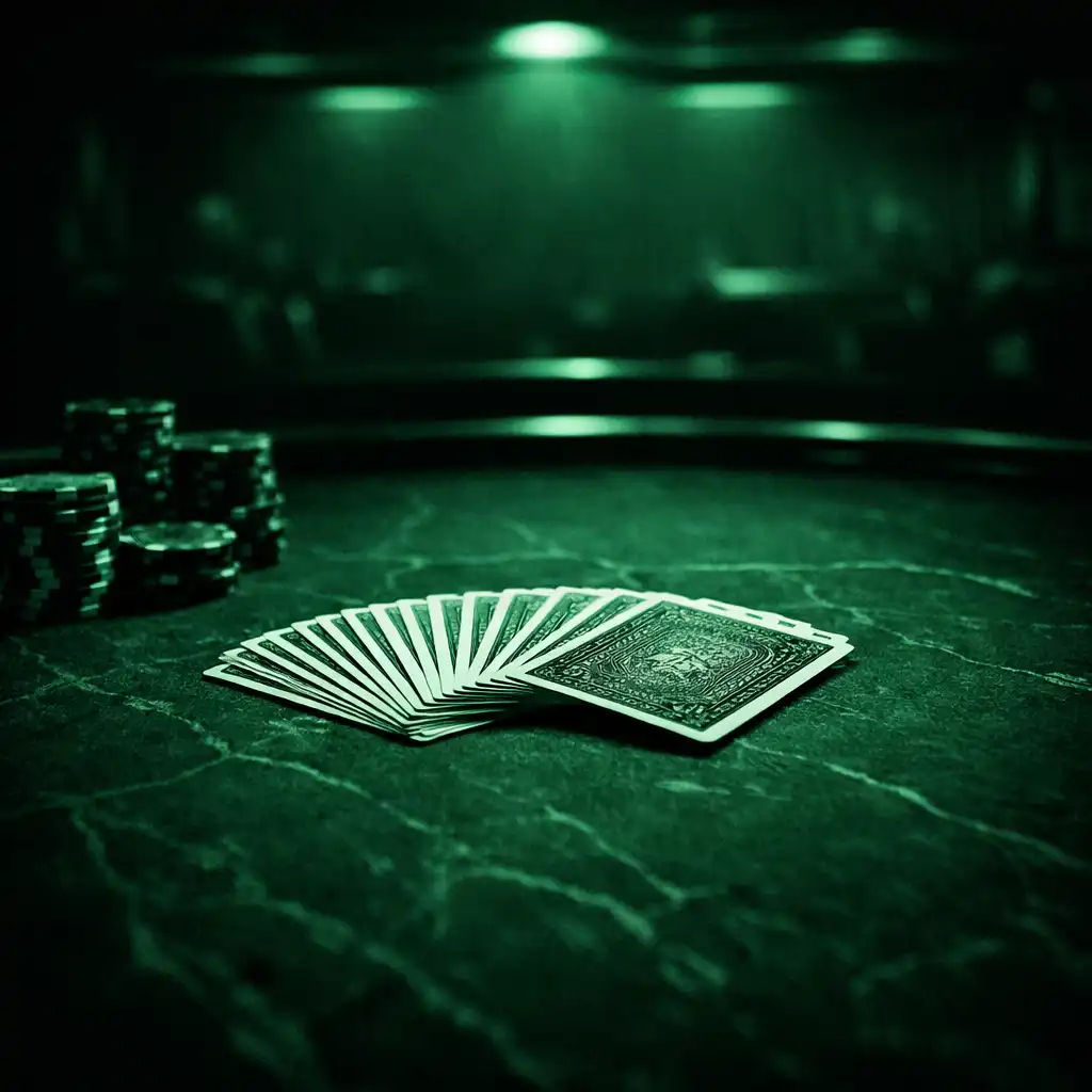 Dark moody poker table with green felt and dramatic overhead lighting at Marble & Pearl