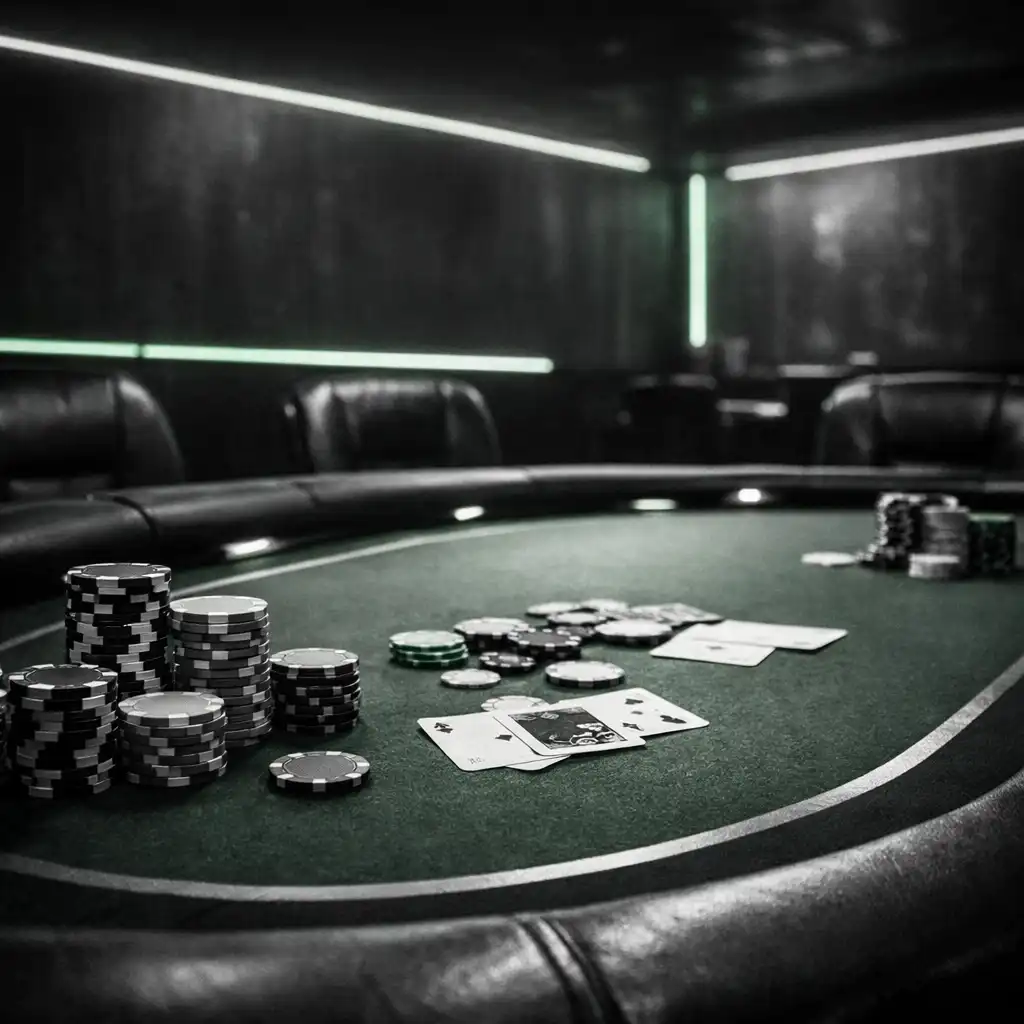 Poker table in the card lounge with chips as props and neon lighting