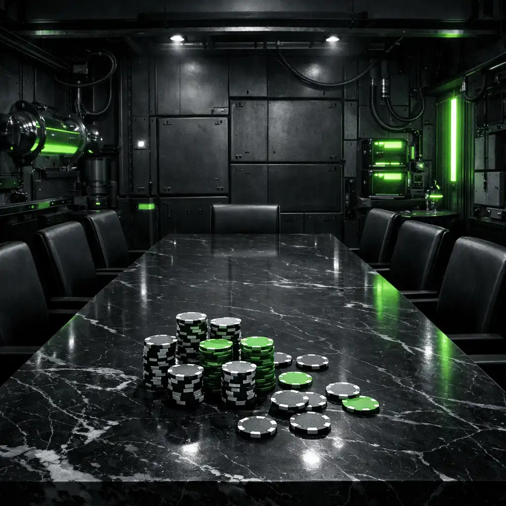 Private dining room with long marble table and poker chips as table props
