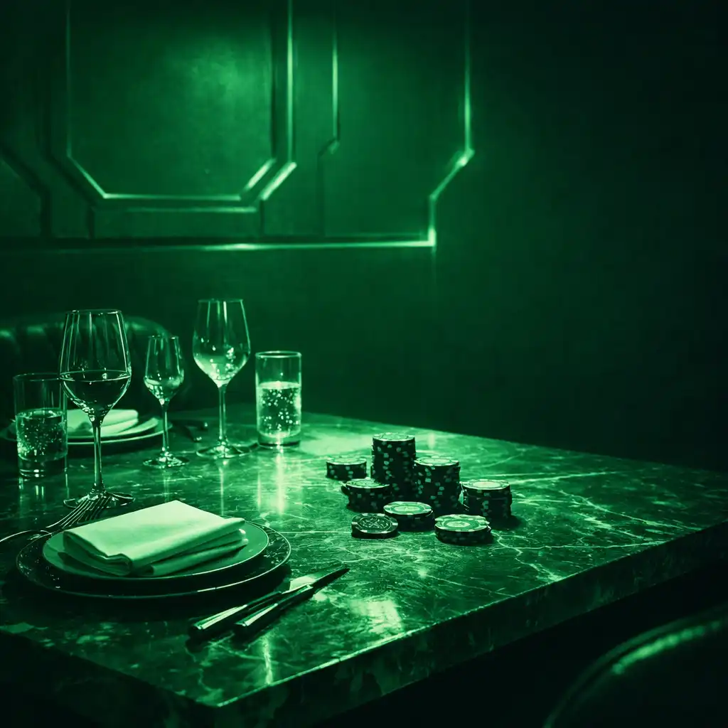 Private dining table set with marble surface and poker chips as decorative props