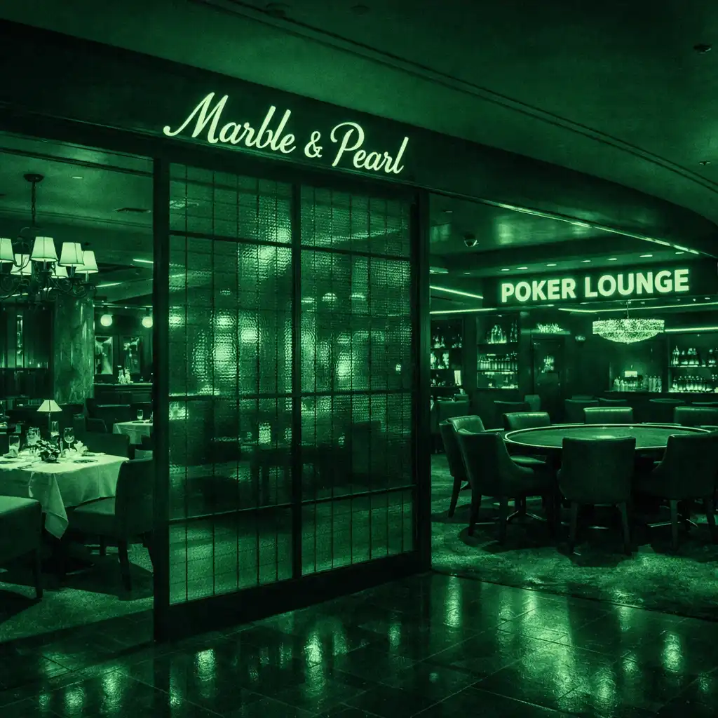 Wide-angle interior of Marble and Pearl showing the transition from dining area to poker lounge