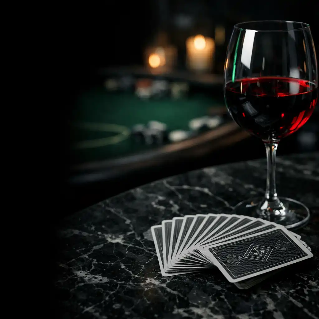 Glass of red wine and fanned playing cards on a dark marble table